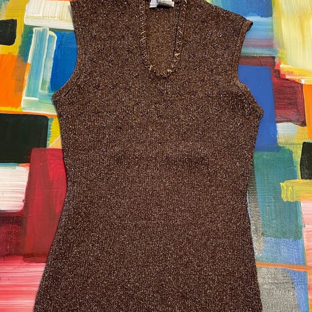 Ladies V-Neck Shell By Cache` Copper w Beads Sz M